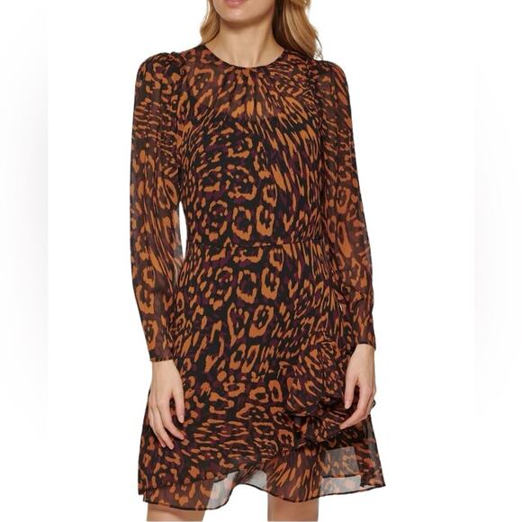 DKNY Leopard Print Mini Dress Brown Black Roasted Pecan NWTS size XS - Picture 1 of 10
